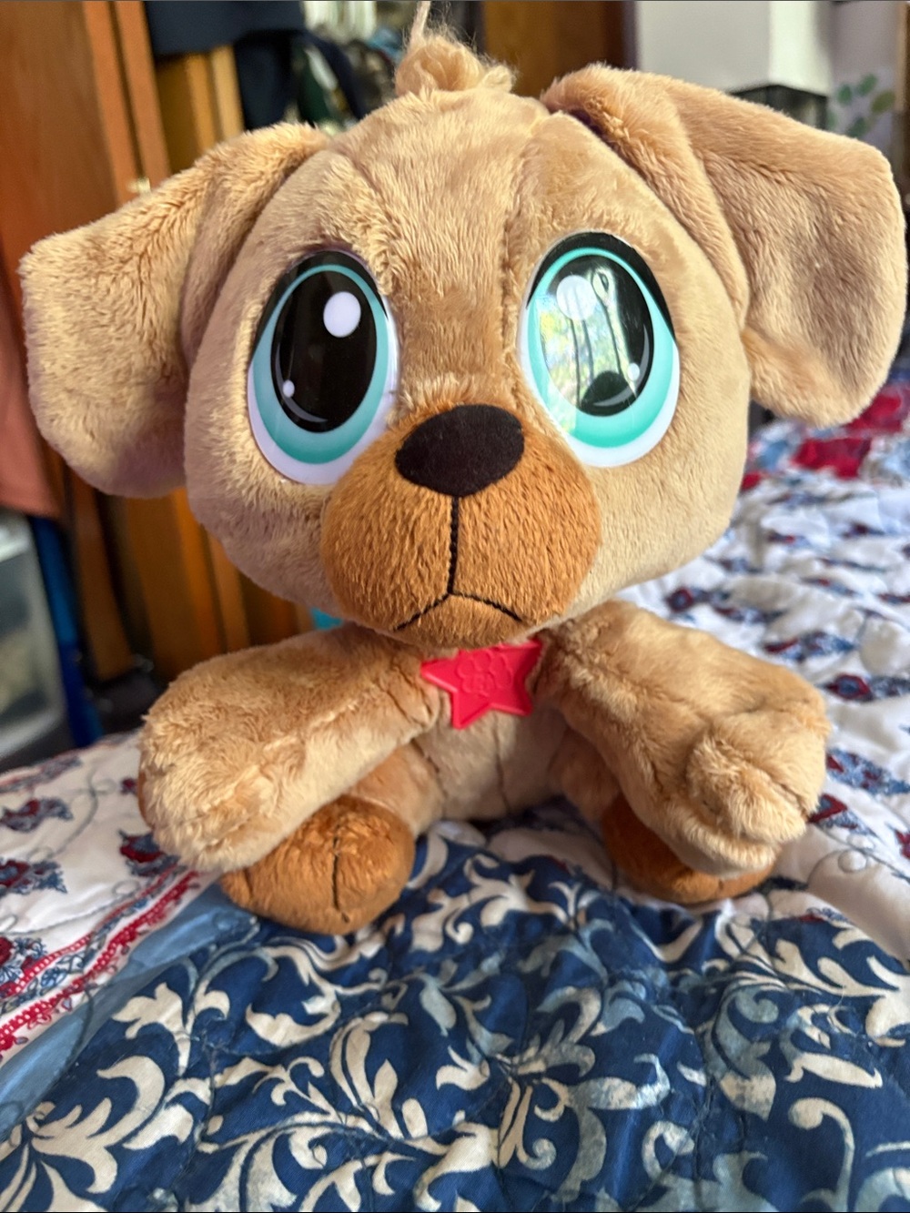 Plush Brown Puppy Dog Toy with Bright Blue Eyes and Pink Star Collar
